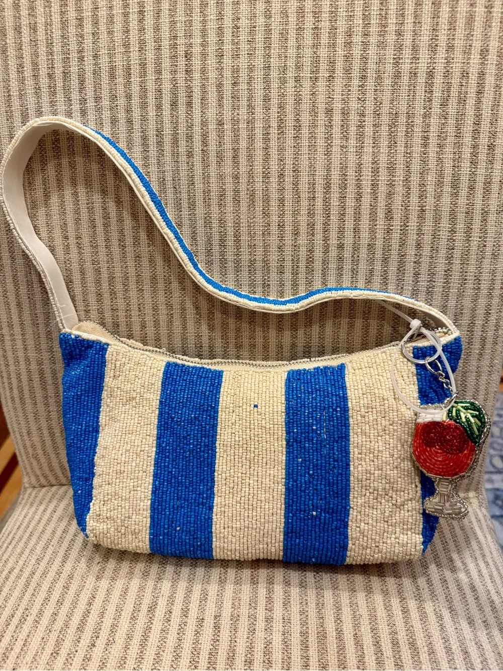 Viral Cocktail Drinks Beaded Shoulder Bag, Blue & White Stripe Made In India NWT